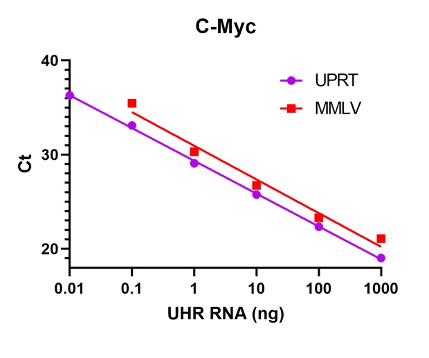 Two graphs showing how UPRT is able to detect lower levels of C-Myc and RNase P RNA vs MMLV. Cycle threshold(Ct) declines as the RNA range increases from 0.01 to 1000 ng.  